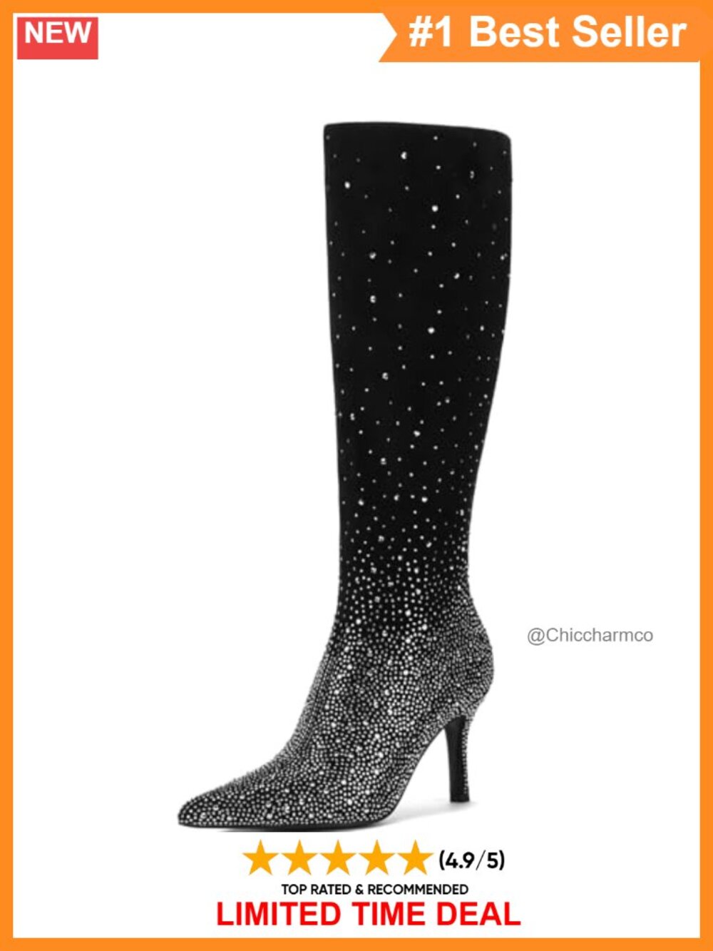Rhinestone Knee High Boots Pointed Toe Stiletto Heel Side Zip
